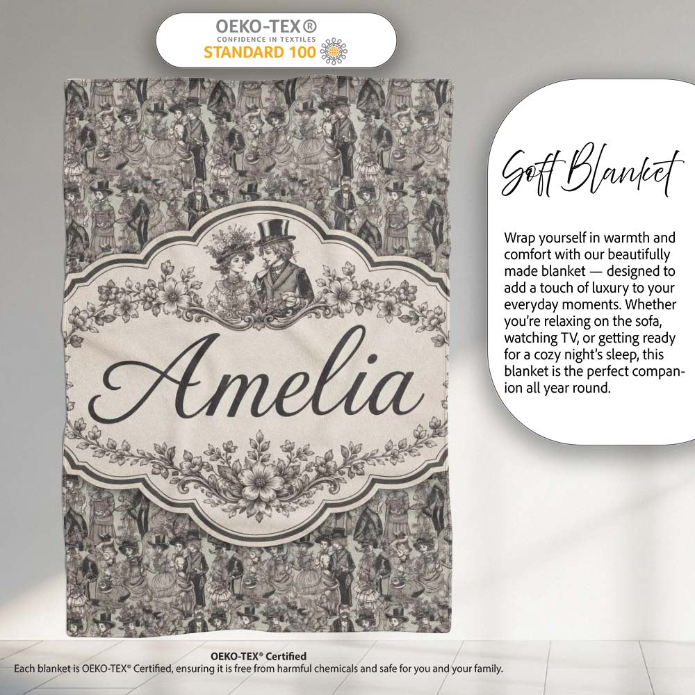 Antique Victorian Society Illustration Pattern Monochrome Seamless Personalised Custom Name Super Soft Fleece Blanket Bed Sofa Throw