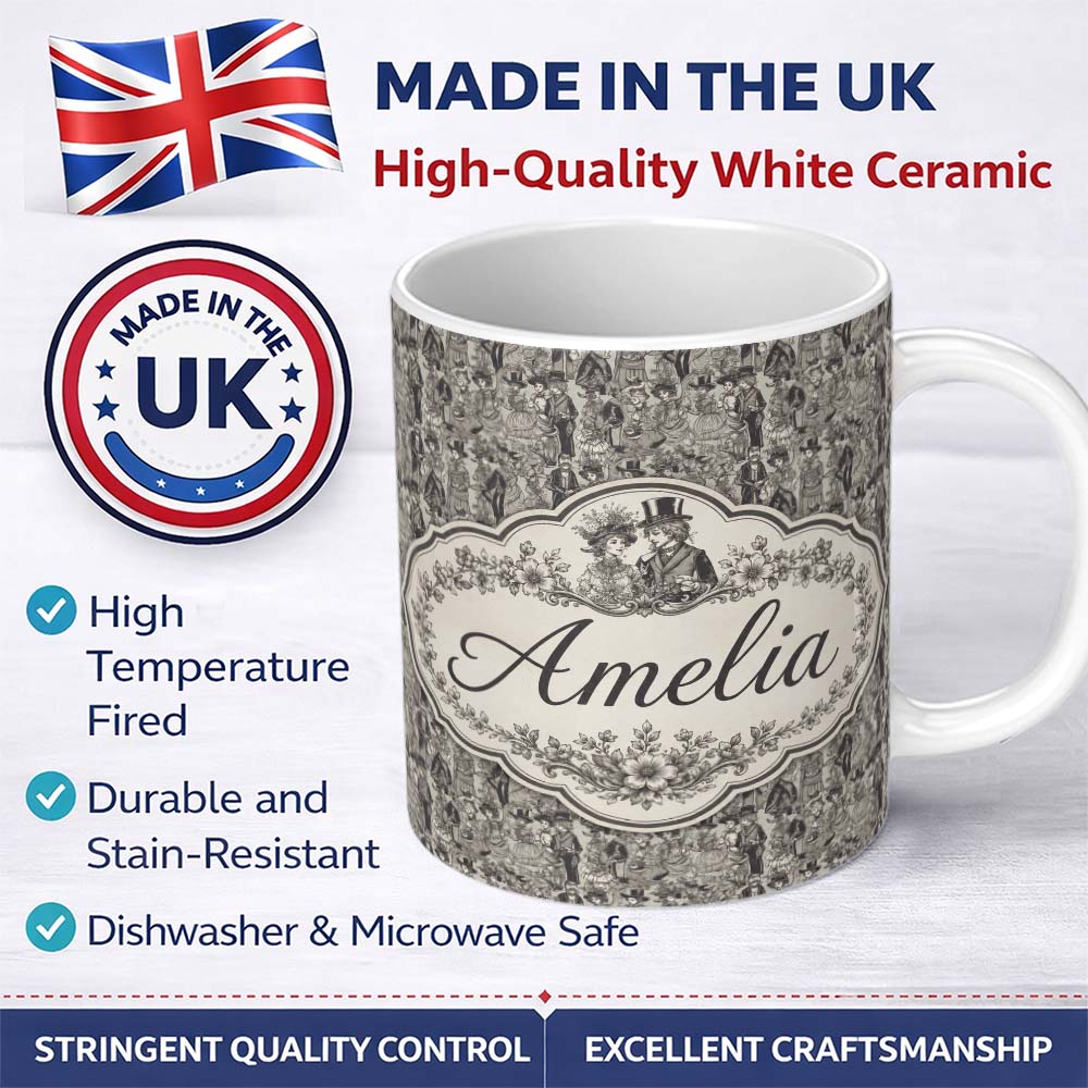 Personalized Custom Name Antique Victorian Society Illustration Pattern Monochrome Seamless 11oz Ceramic Coffee Tea Mug White Large Handle