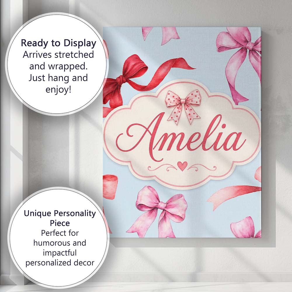 Personalised Name Watercolor Ribbon Bow Custom Modern Room Accent Elegant Feature Canvas Wall Art Print Decor Picture Ready to Hang