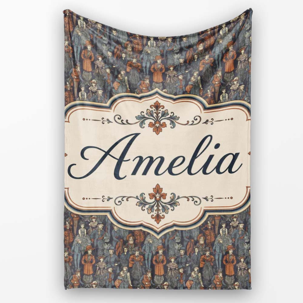 Vintage Crowd Illustration People Pattern in Warm Tones Seamless Personalised Custom Name Super Soft Fleece Blanket Bed Sofa Throw
