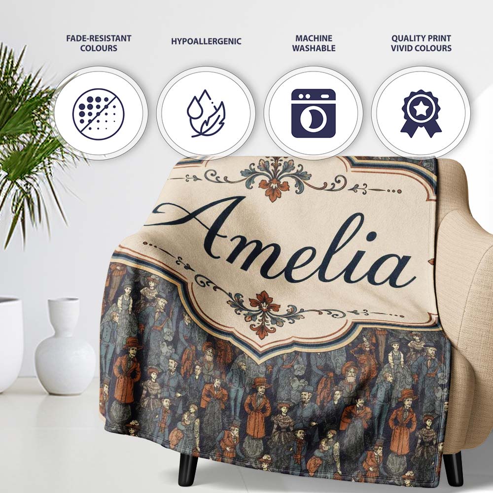 Vintage Crowd Illustration People Pattern in Warm Tones Seamless Personalised Custom Name Super Soft Fleece Blanket Bed Sofa Throw