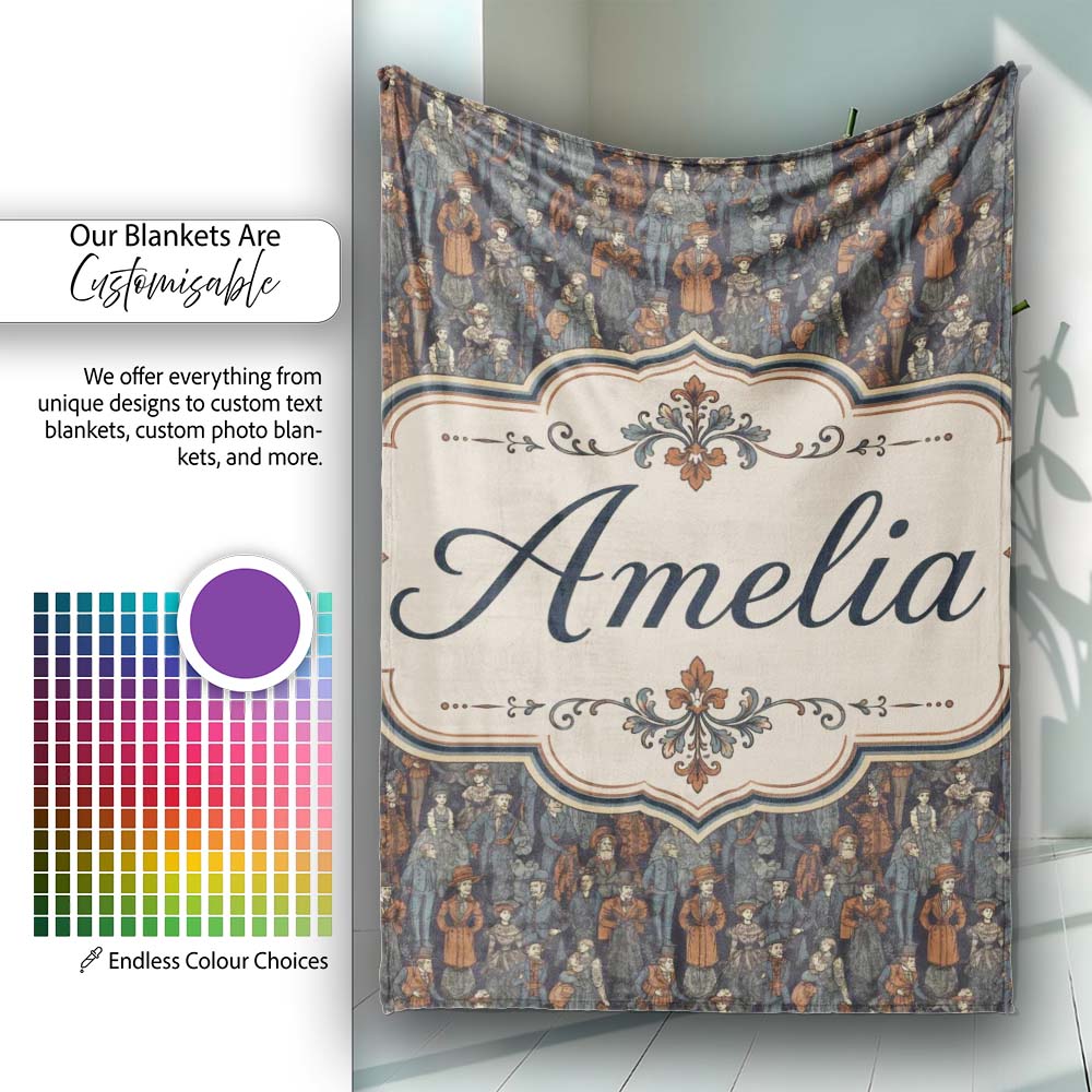 Vintage Crowd Illustration People Pattern in Warm Tones Seamless Personalised Custom Name Super Soft Fleece Blanket Bed Sofa Throw