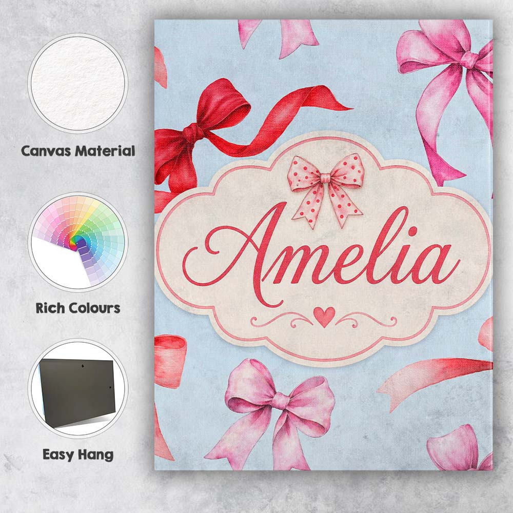 Personalised Name Watercolor Ribbon Bow Custom Modern Room Accent Elegant Feature Canvas Wall Art Print Decor Picture Ready to Hang