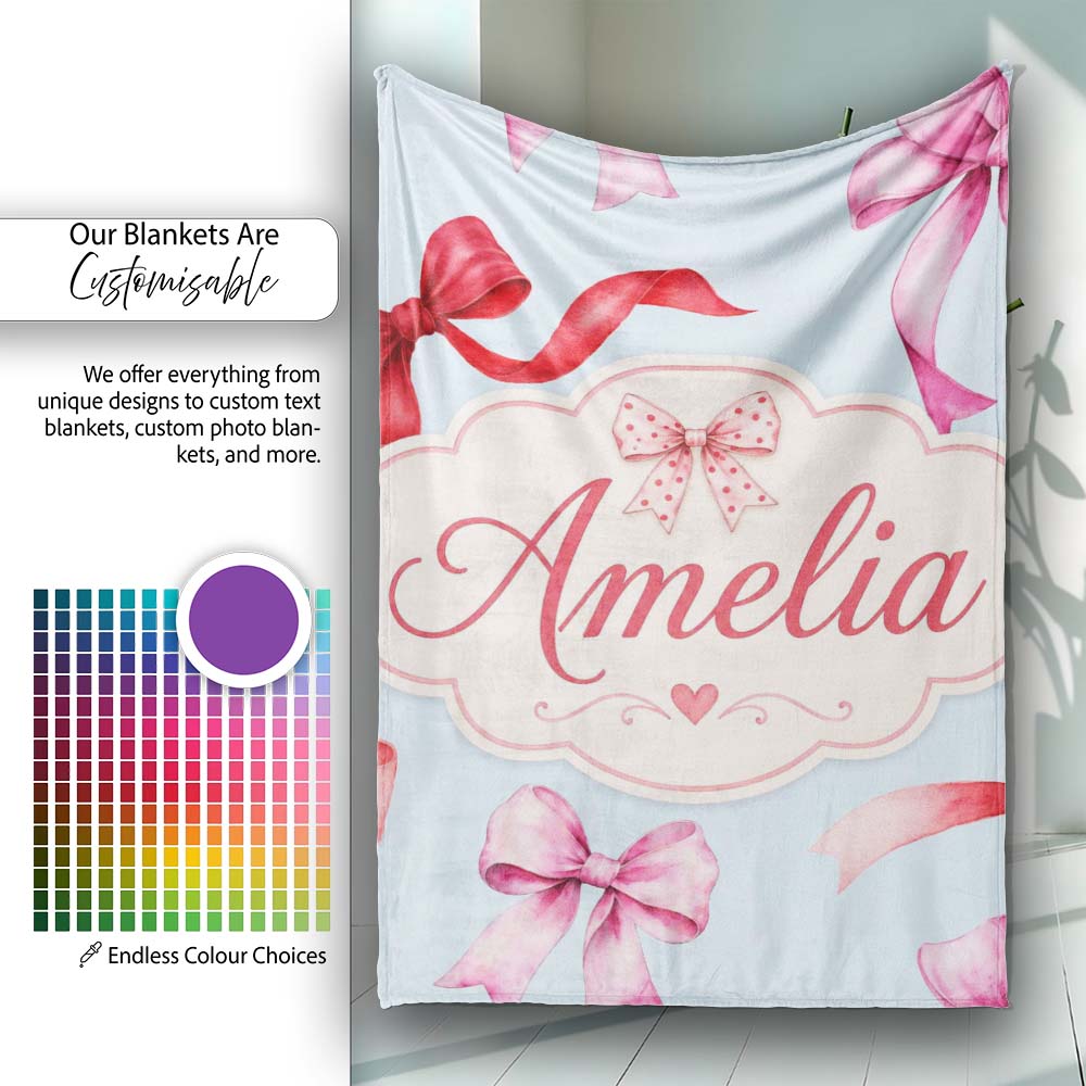 Watercolor Ribbon Bow Seamless Pattern on Soft Blue Background Personalised Custom Name Super Soft Fleece Blanket Bed Sofa Throw