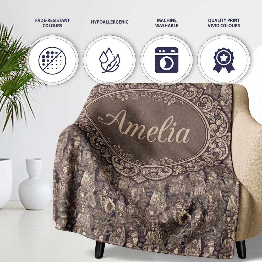 Classic Victorian Garden People Scene Pattern in Sepia Seamless Personalised Custom Name Super Soft Fleece Blanket Bed Sofa Throw