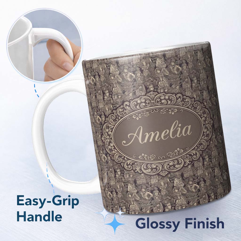 Personalized Custom Name Classic Victorian Garden People Scene Pattern in Sepia Seamless 11oz Ceramic Coffee Tea Mug White Large Handle