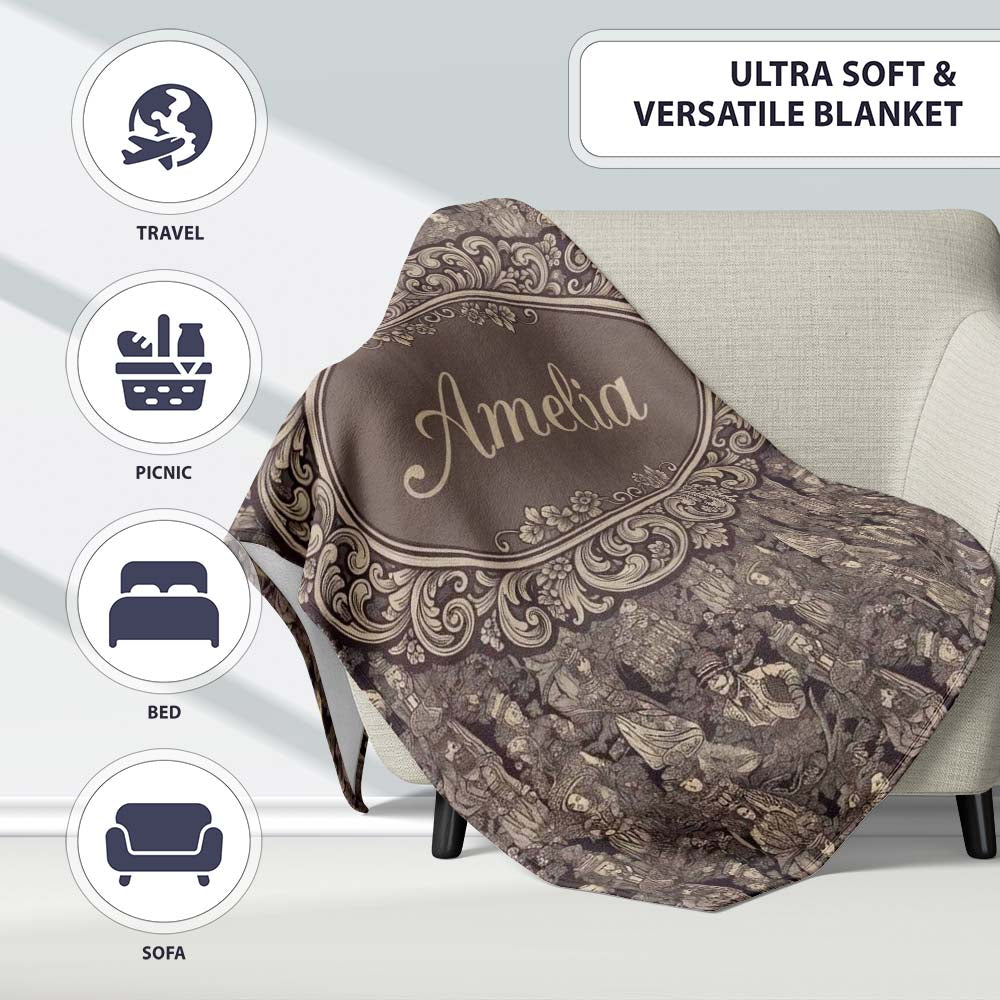 Classic Victorian Garden People Scene Pattern in Sepia Seamless Personalised Custom Name Super Soft Fleece Blanket Bed Sofa Throw
