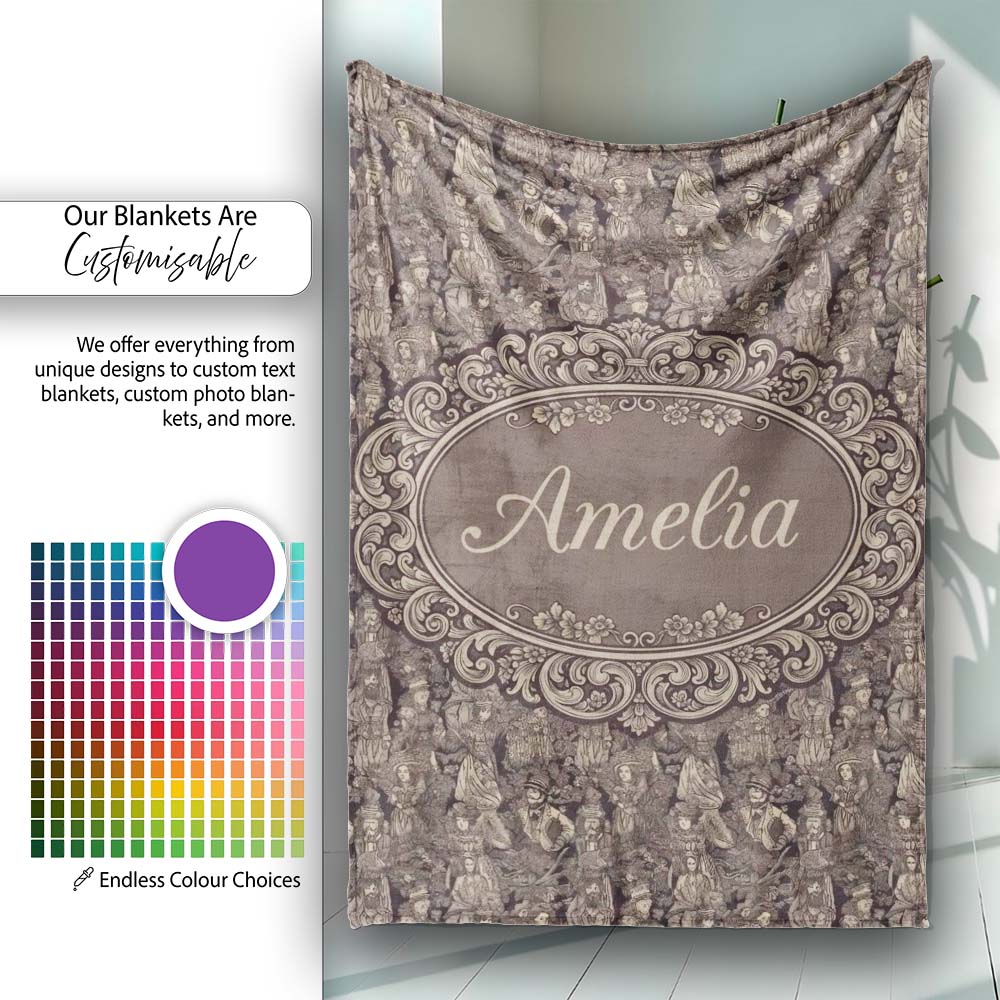 Classic Victorian Garden People Scene Pattern in Sepia Seamless Personalised Custom Name Super Soft Fleece Blanket Bed Sofa Throw