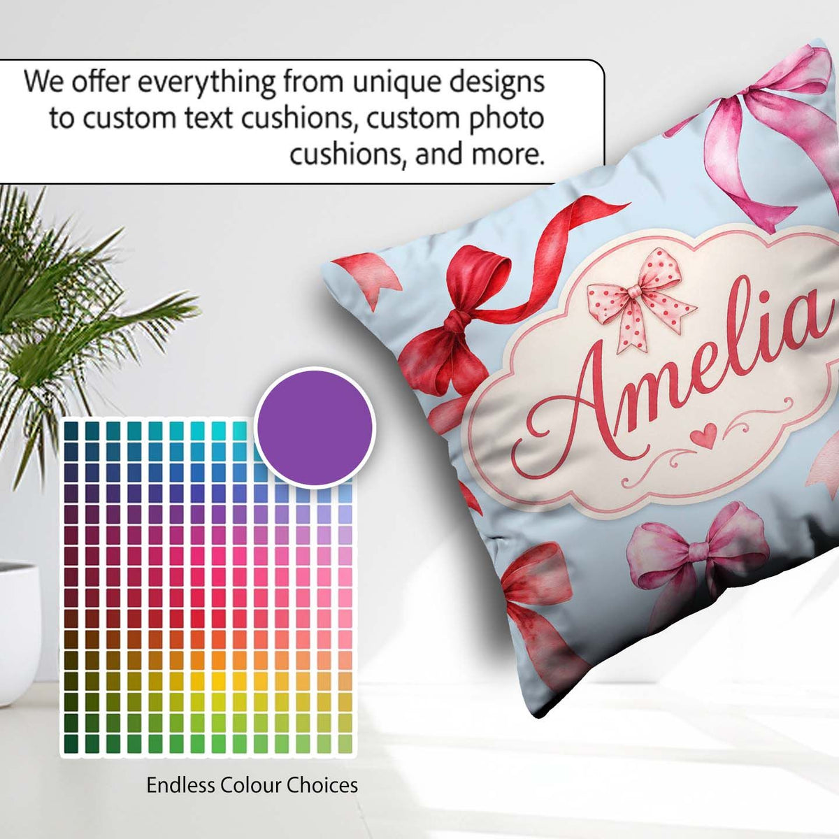 Custom Name Watercolor Ribbon Bow Seamless Pattern on Soft Blue Square Filled Cushion Throw Pillow Sofa Bed Home Decor Zip Washable UK Made