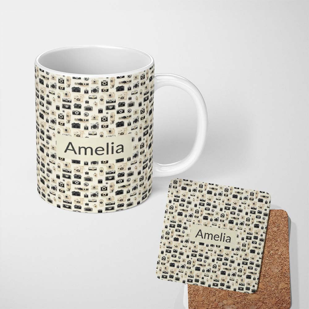 Personalized Custom Name Retro Camera Collection Pattern Minimal Beige Seamless Name Cute 11oz Ceramic Coffee Tea Mug White Large Handle