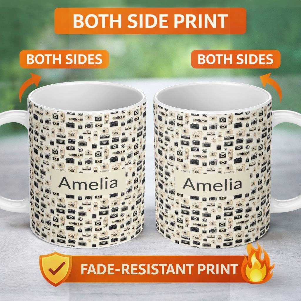 Personalized Custom Name Retro Camera Collection Pattern Minimal Beige Seamless Name Cute 11oz Ceramic Coffee Tea Mug White Large Handle