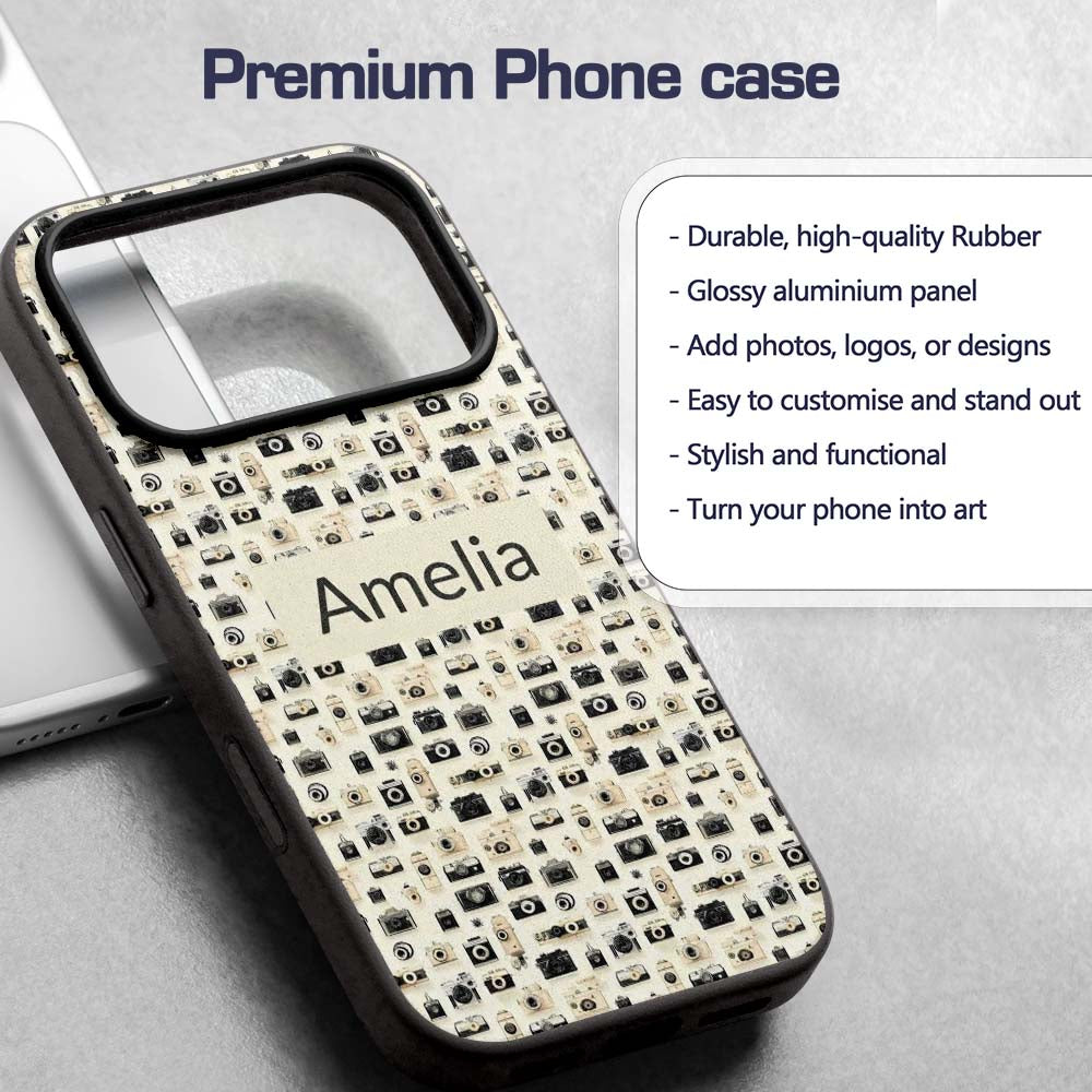 Retro Camera Collection Pattern Minimal Beige Custom Name Protective Phone Case Mobile Cover Durable Everyday Smartphone Shock Resistant