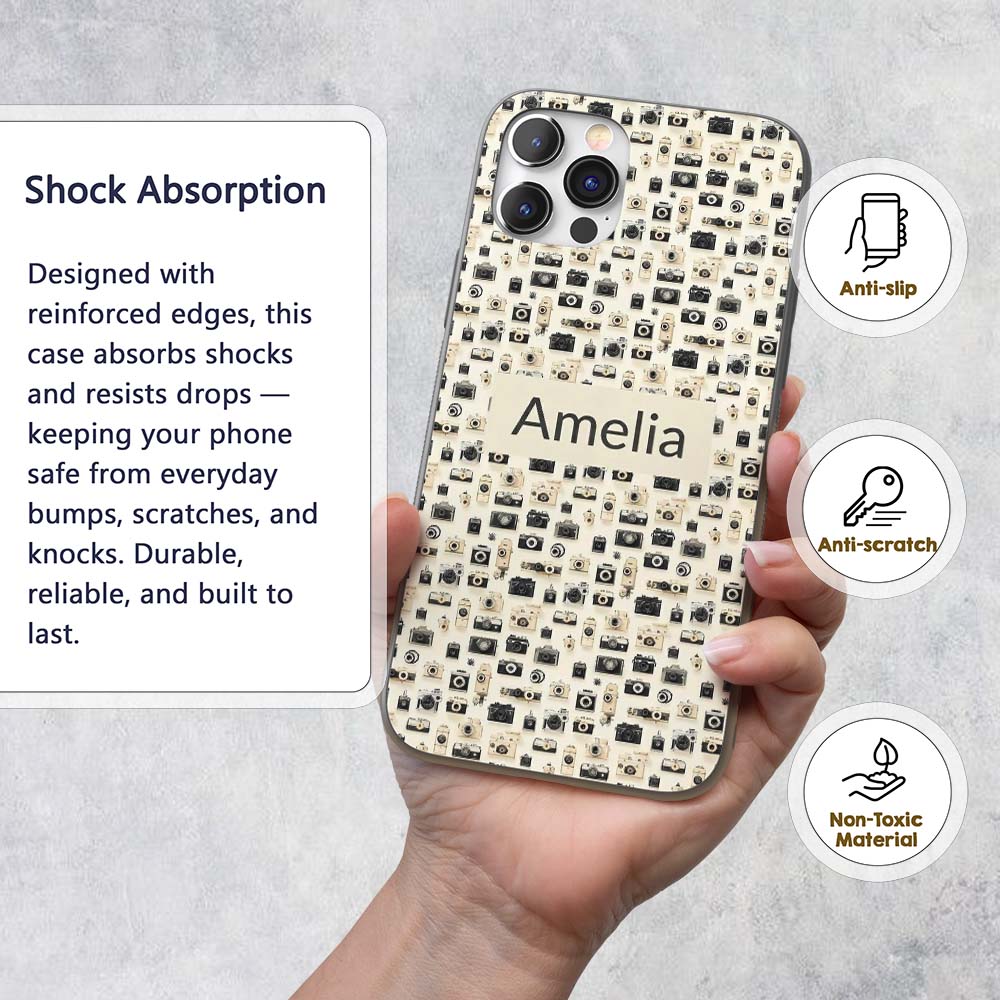 Retro Camera Collection Pattern Minimal Beige Custom Name Protective Phone Case Mobile Cover Durable Everyday Smartphone Shock Resistant