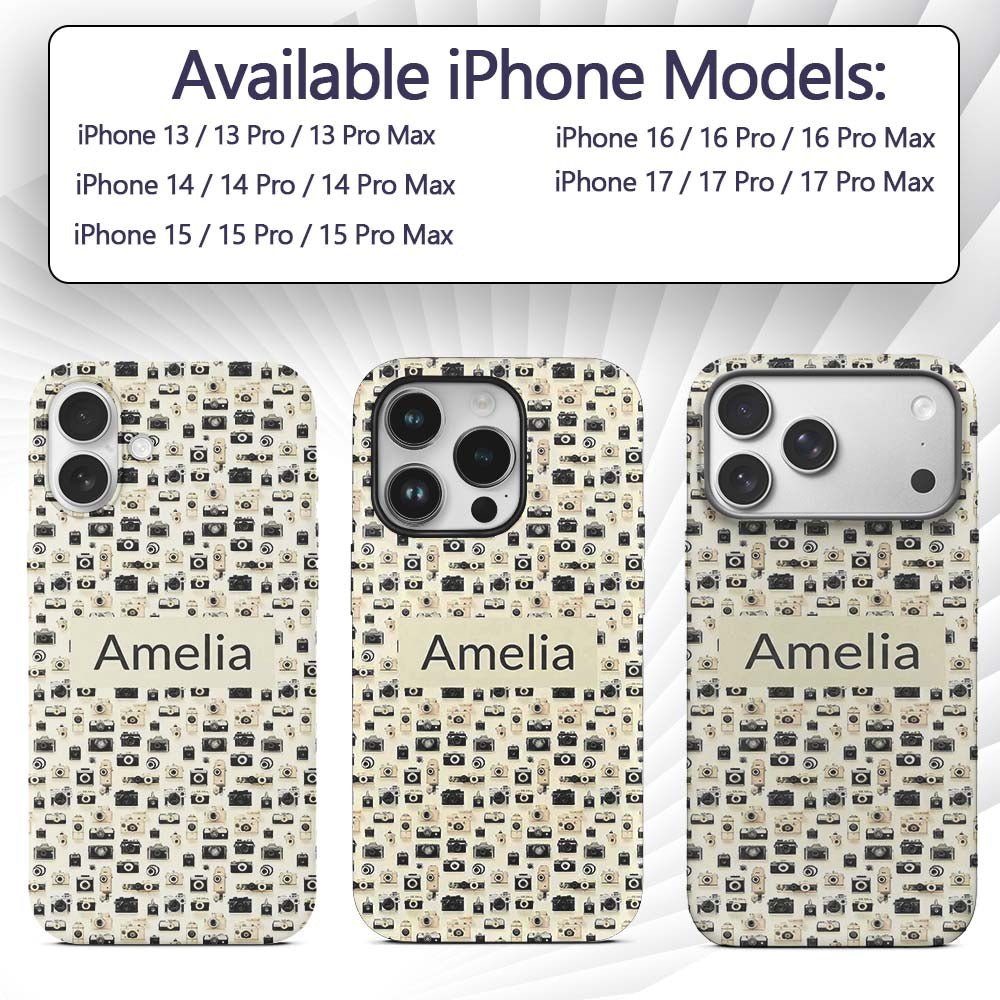 Retro Camera Collection Pattern Minimal Beige Custom Name Protective Phone Case Mobile Cover Durable Everyday Smartphone Shock Resistant