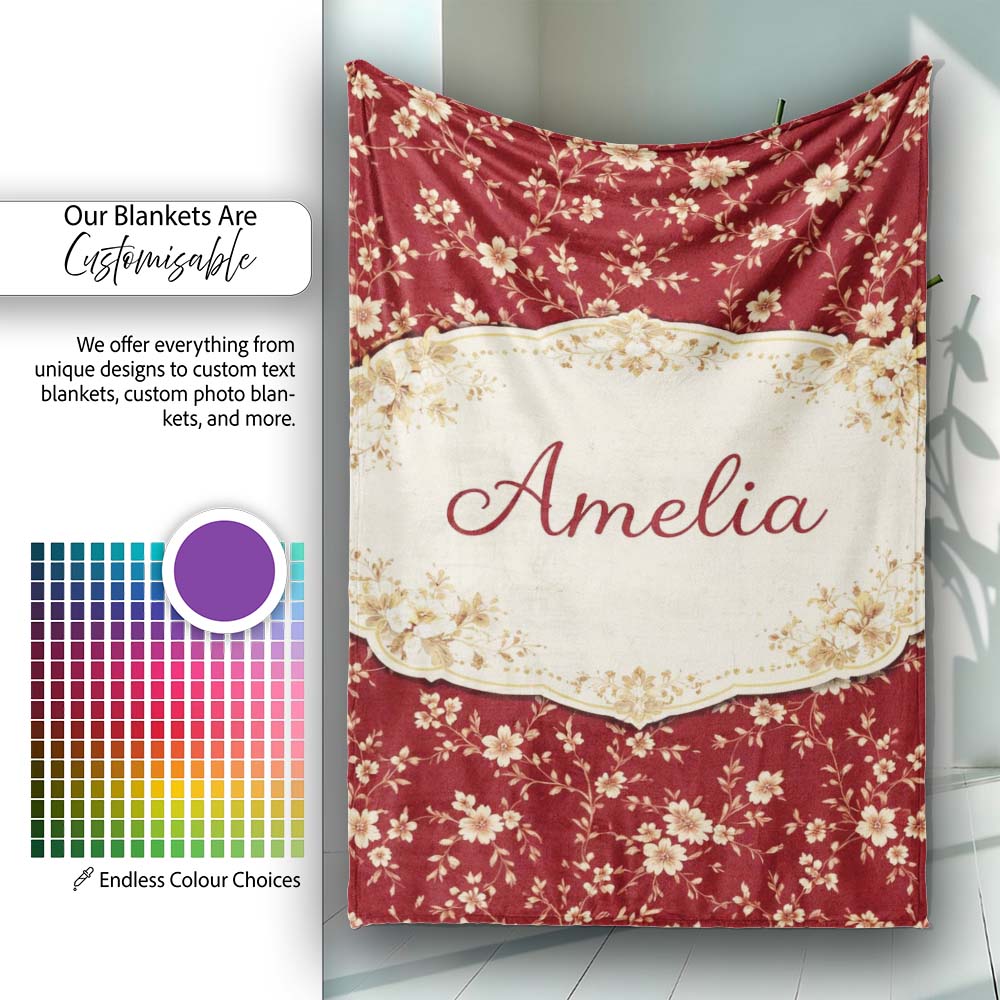 Red Floral Seamless Pattern Thoughtful Gift Idea Cute Unique Gift Personalised Custom Name Super Soft Fleece Blanket Bed Sofa Throw