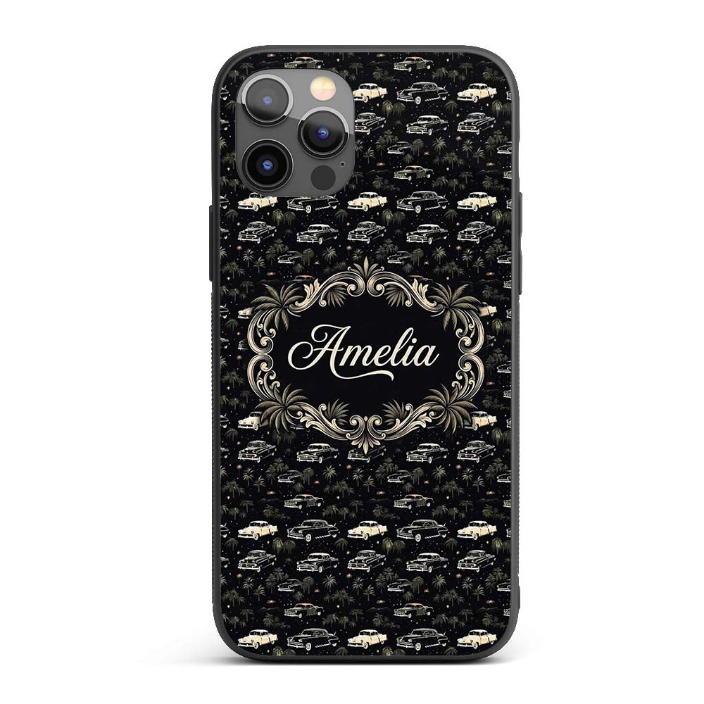 Classic Vintage Cars and Palm Trees Night Pattern Custom Name Protective Phone Case Mobile Cover Durable Everyday Smartphone Shock Resistant