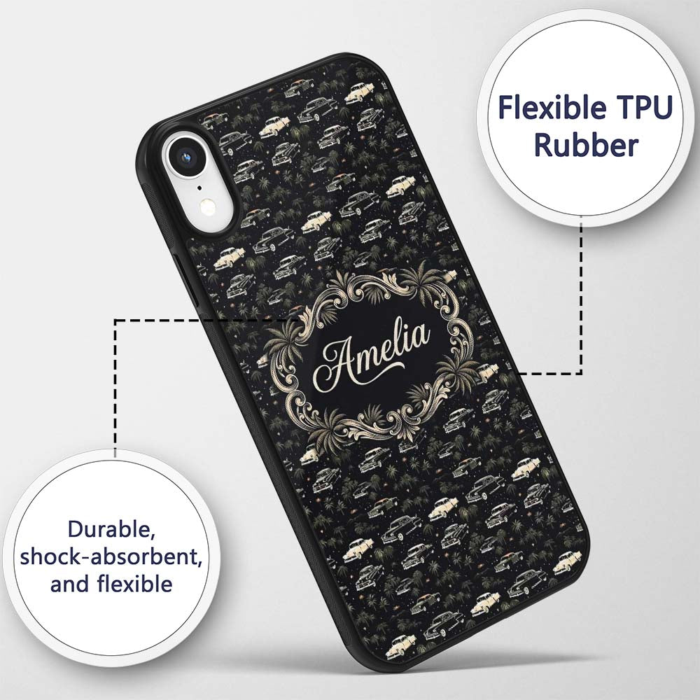 Classic Vintage Cars and Palm Trees Night Pattern Custom Name Protective Phone Case Mobile Cover Durable Everyday Smartphone Shock Resistant