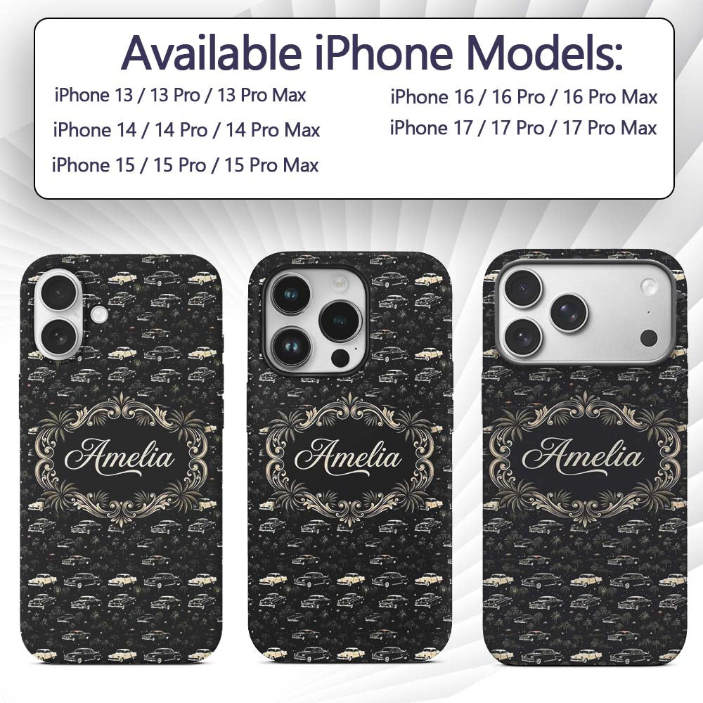 Classic Vintage Cars and Palm Trees Night Pattern Custom Name Protective Phone Case Mobile Cover Durable Everyday Smartphone Shock Resistant