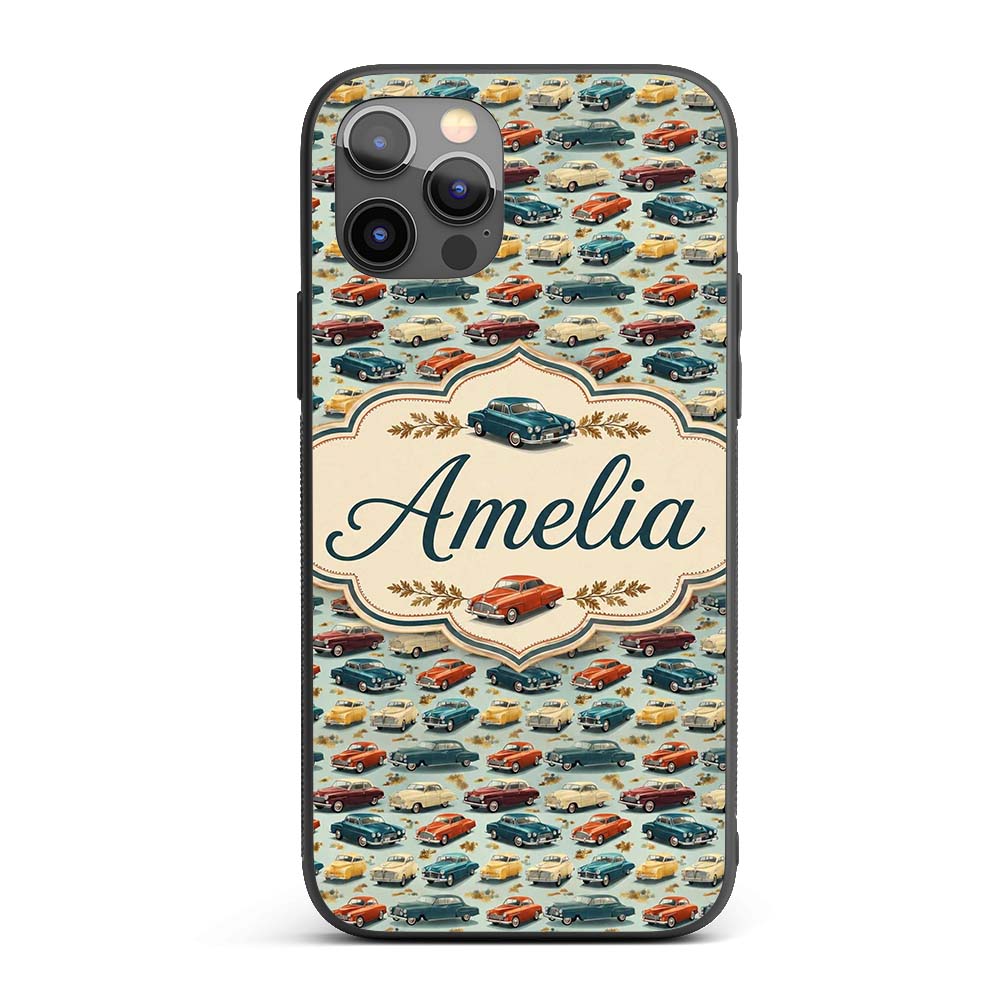 Colorful Retro Cars Autumn Leaves Printed Design Custom Name Protective Phone Case Mobile Cover Durable Everyday Smartphone Shock Resistant