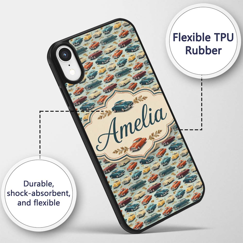 Colorful Retro Cars Autumn Leaves Printed Design Custom Name Protective Phone Case Mobile Cover Durable Everyday Smartphone Shock Resistant