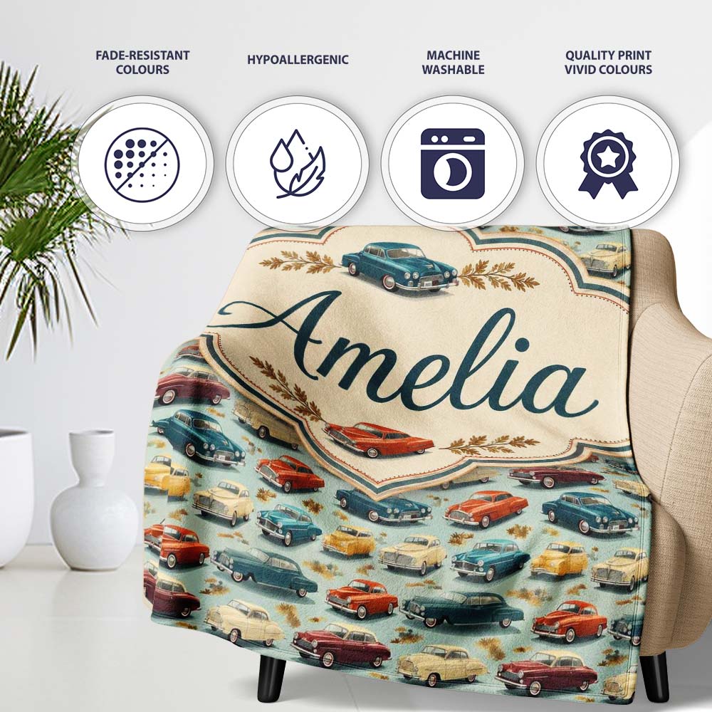 Colorful Retro Cars Autumn Leaves Pattern Seamless Name Cute Unique Personalised Custom Name Super Soft Fleece Blanket Bed Sofa Throw