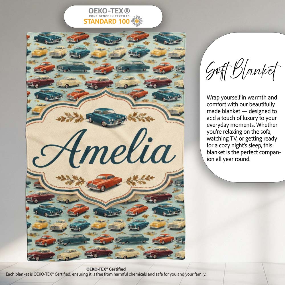 Colorful Retro Cars Autumn Leaves Pattern Seamless Name Cute Unique Personalised Custom Name Super Soft Fleece Blanket Bed Sofa Throw
