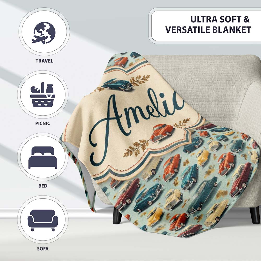 Colorful Retro Cars Autumn Leaves Pattern Seamless Name Cute Unique Personalised Custom Name Super Soft Fleece Blanket Bed Sofa Throw