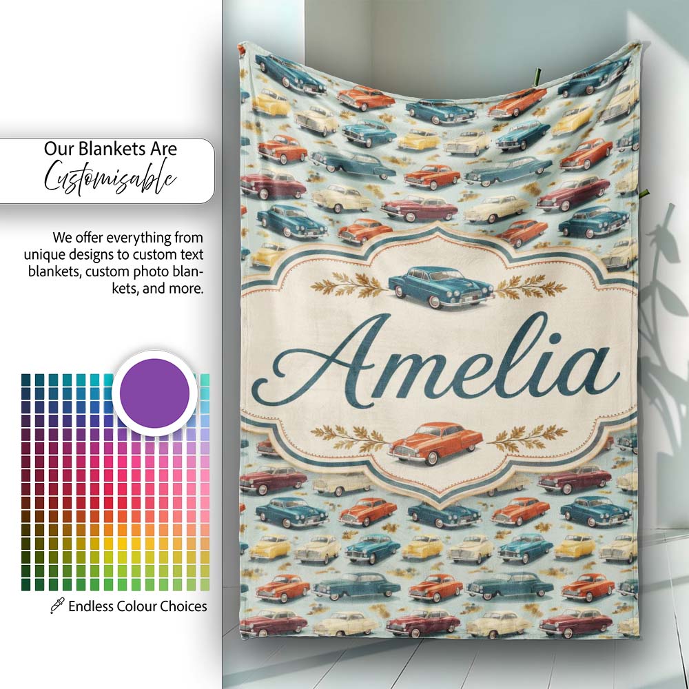 Colorful Retro Cars Autumn Leaves Pattern Seamless Name Cute Unique Personalised Custom Name Super Soft Fleece Blanket Bed Sofa Throw