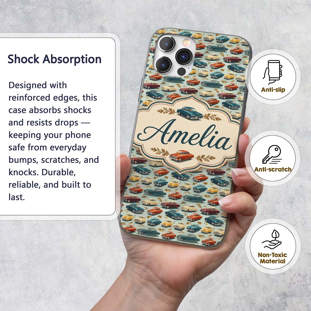 Colorful Retro Cars Autumn Leaves Printed Design Custom Name Protective Phone Case Mobile Cover Durable Everyday Smartphone Shock Resistant