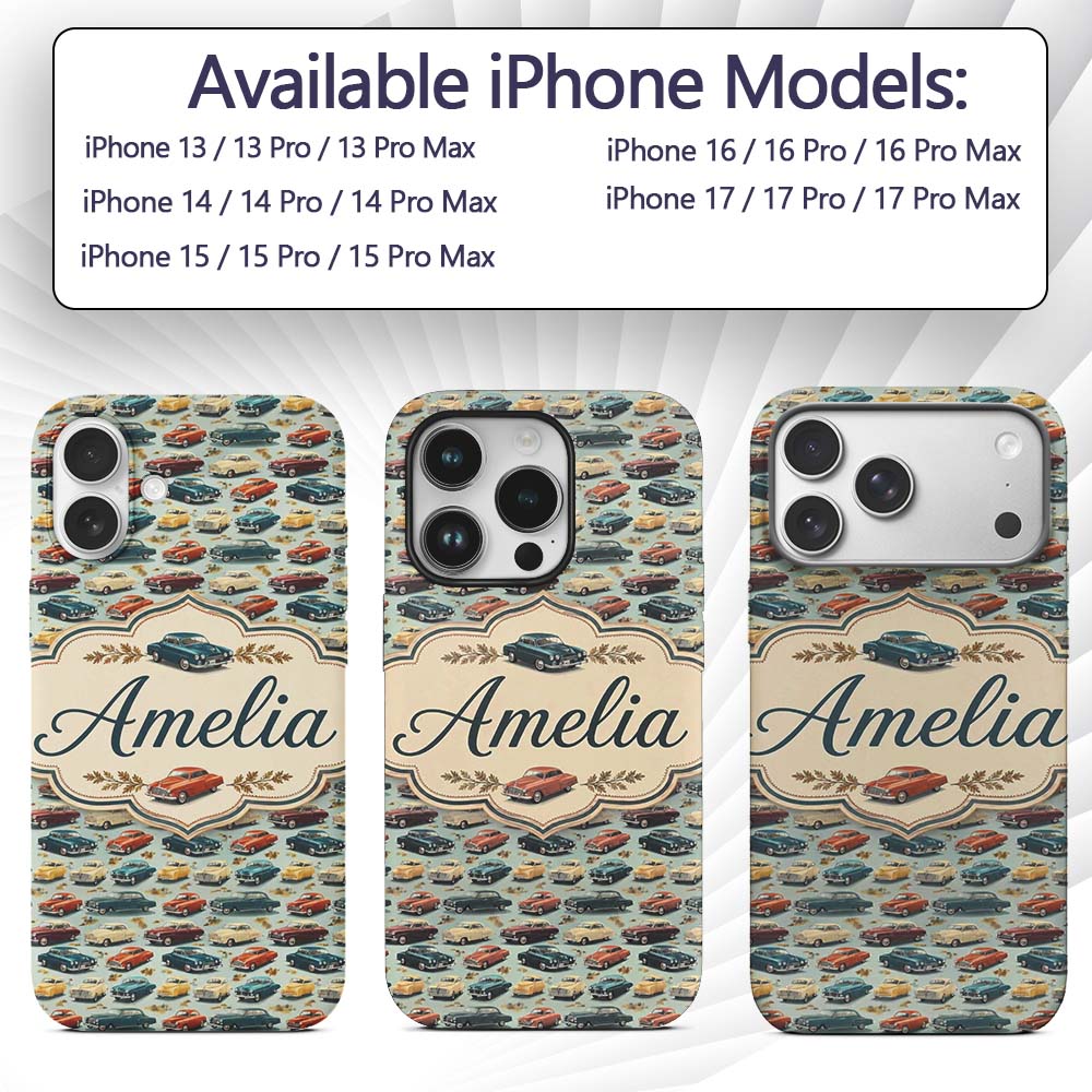 Colorful Retro Cars Autumn Leaves Printed Design Custom Name Protective Phone Case Mobile Cover Durable Everyday Smartphone Shock Resistant