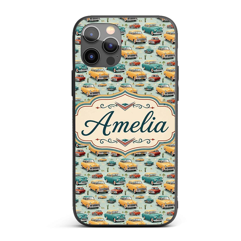 Mid Century Classic Cars Scenic Pattern Seamless Custom Name Protective Phone Case Mobile Cover Durable Everyday Smartphone Shock Resistant