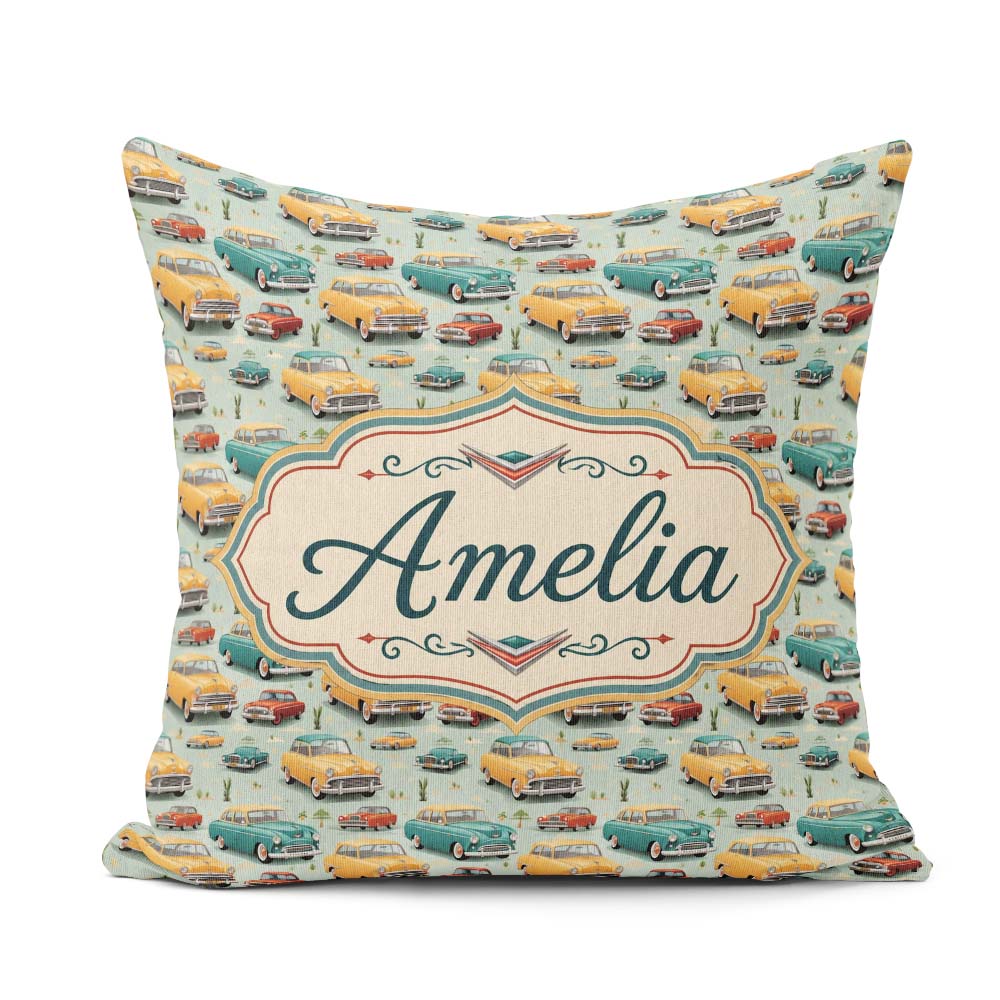 Custom Name Mid Century Classic Cars Pattern Seamless Name Cute Square Filled Cushion Throw Pillow Sofa Bed Home Decor Zip Washable UK Made