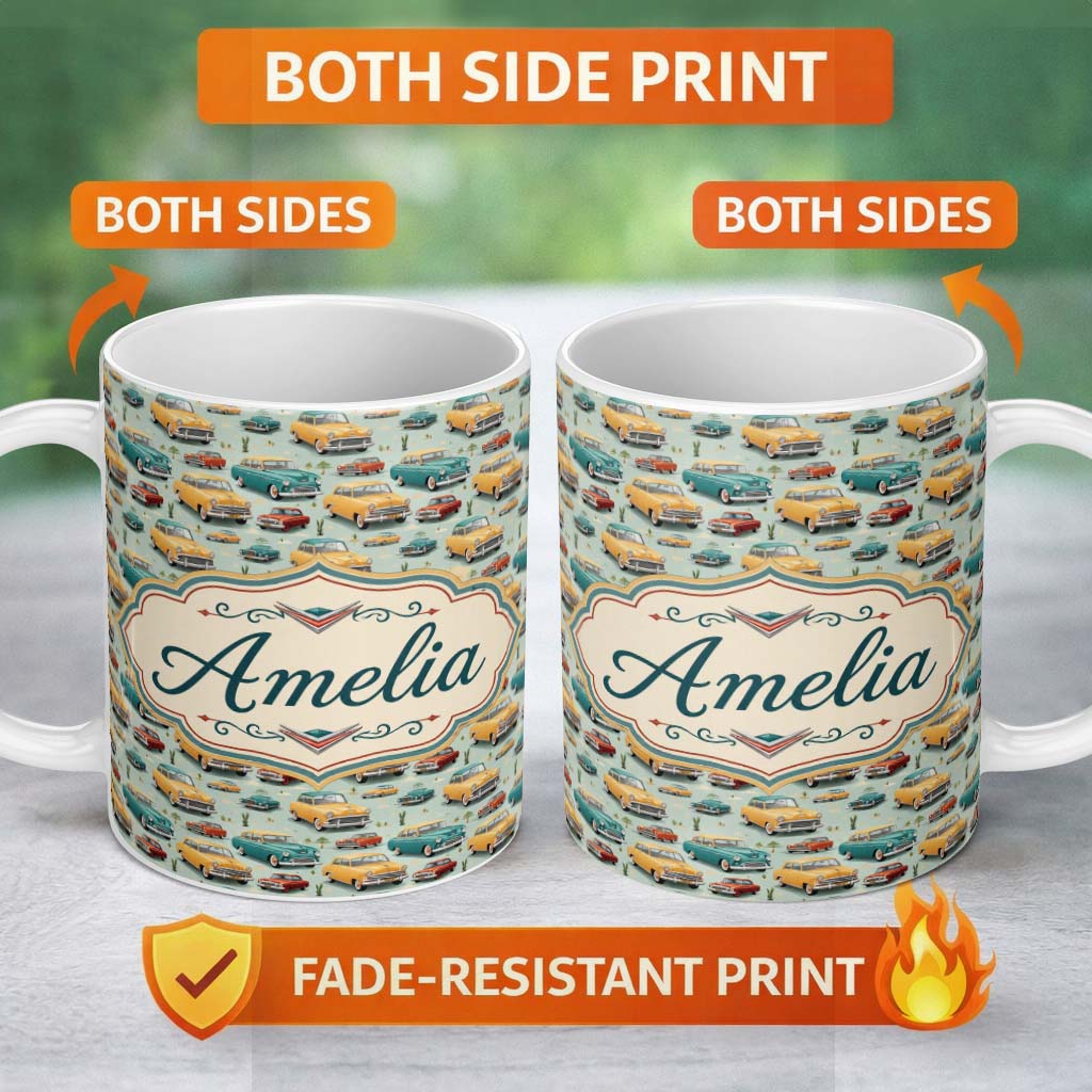 Personalized Custom Name Mid Century Classic Cars Scenic Pattern Seamless Name Cute Unique 11oz Ceramic Coffee Tea Mug White Large Handle