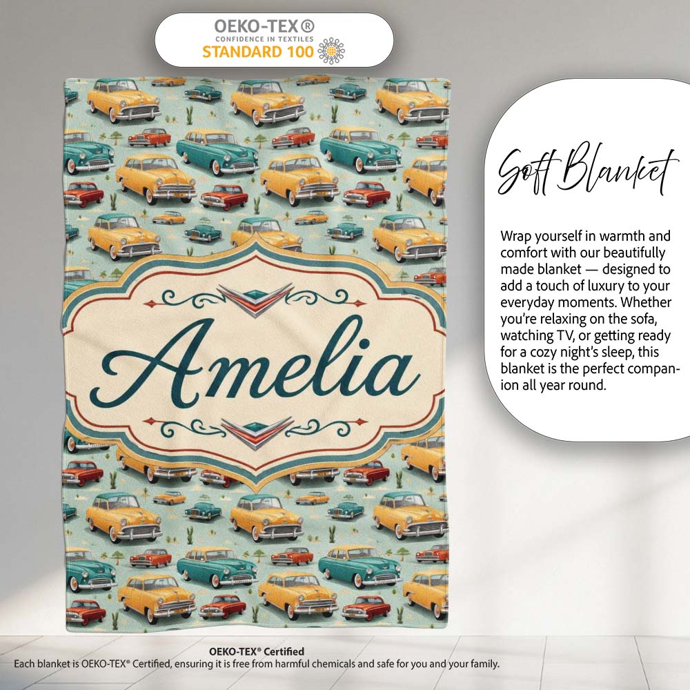 Mid Century Classic Cars Scenic Pattern Seamless Name Cute Unique Personalised Custom Name Super Soft Fleece Blanket Bed Sofa Throw