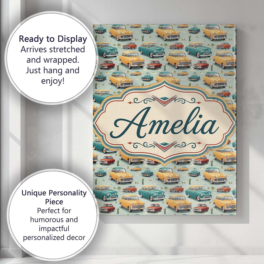 Personalised Name Mid Century Classic Cars Custom Unique Gift Idea Elegant Feature Canvas Wall Art Print Decor Picture Ready to Hang