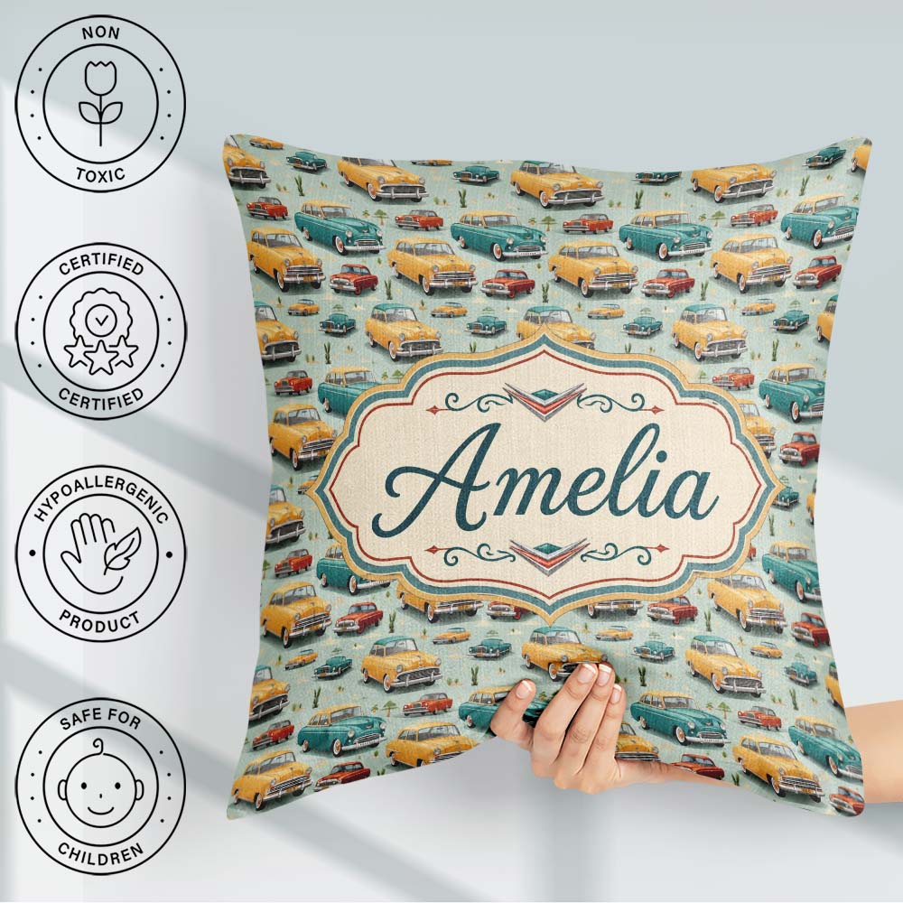 Custom Name Mid Century Classic Cars Pattern Seamless Name Cute Square Filled Cushion Throw Pillow Sofa Bed Home Decor Zip Washable UK Made