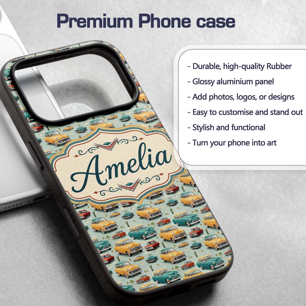 Mid Century Classic Cars Scenic Pattern Seamless Custom Name Protective Phone Case Mobile Cover Durable Everyday Smartphone Shock Resistant