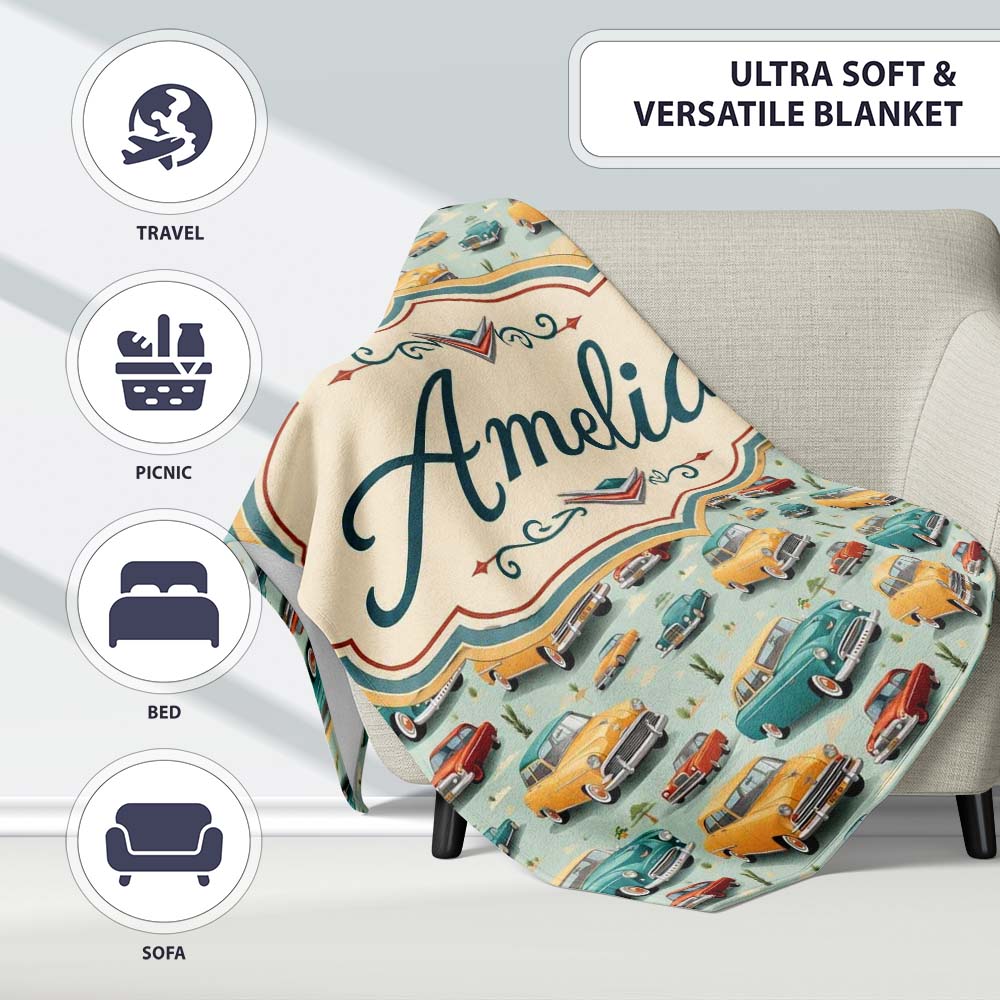 Mid Century Classic Cars Scenic Pattern Seamless Name Cute Unique Personalised Custom Name Super Soft Fleece Blanket Bed Sofa Throw