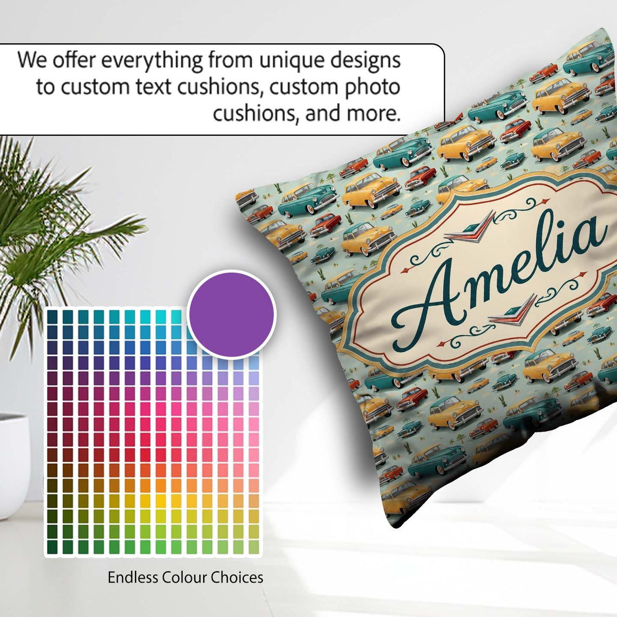 Custom Name Mid Century Classic Cars Pattern Seamless Name Cute Square Filled Cushion Throw Pillow Sofa Bed Home Decor Zip Washable UK Made