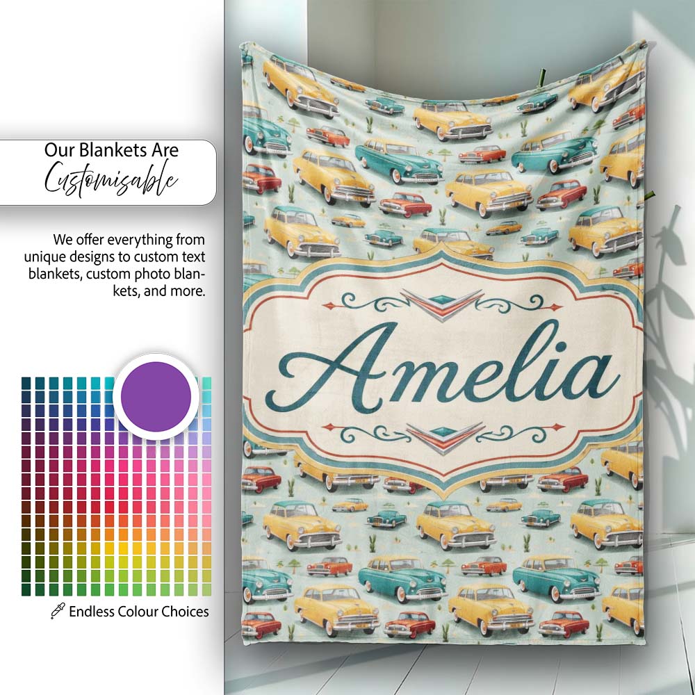 Mid Century Classic Cars Scenic Pattern Seamless Name Cute Unique Personalised Custom Name Super Soft Fleece Blanket Bed Sofa Throw