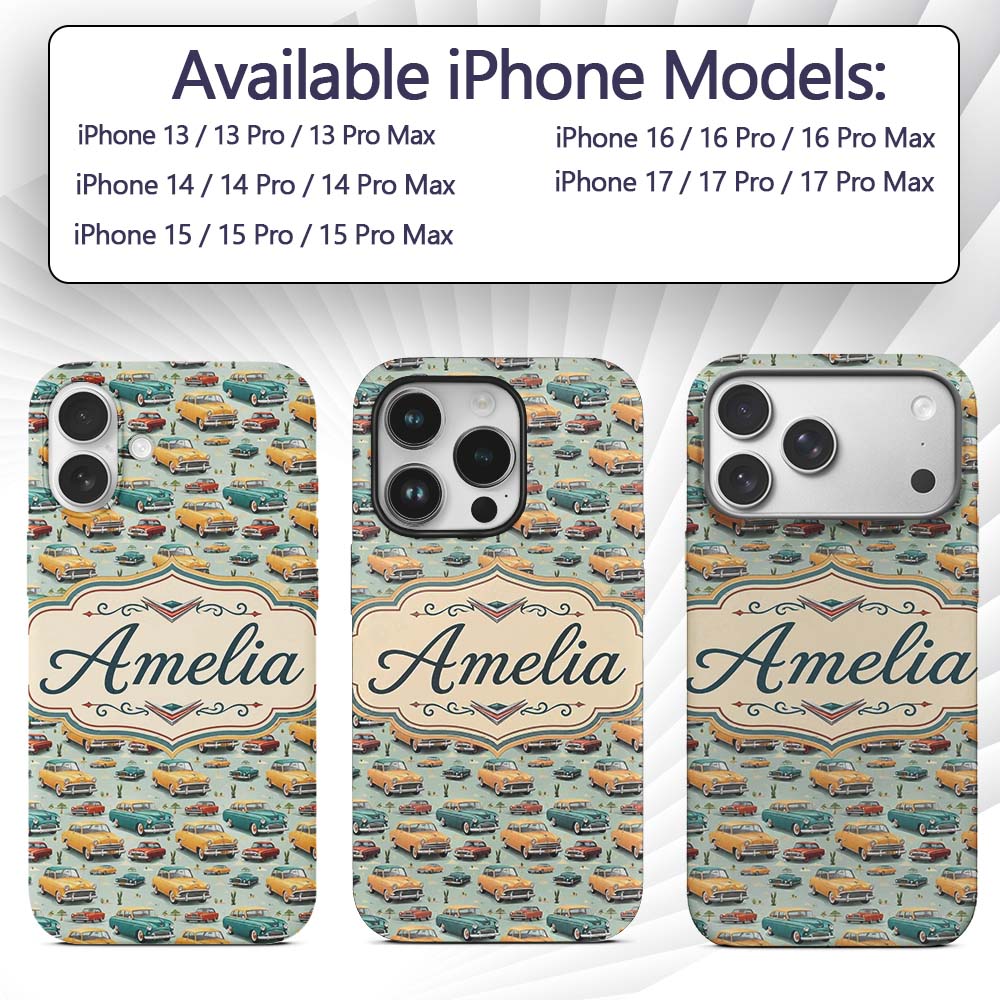 Mid Century Classic Cars Scenic Pattern Seamless Custom Name Protective Phone Case Mobile Cover Durable Everyday Smartphone Shock Resistant