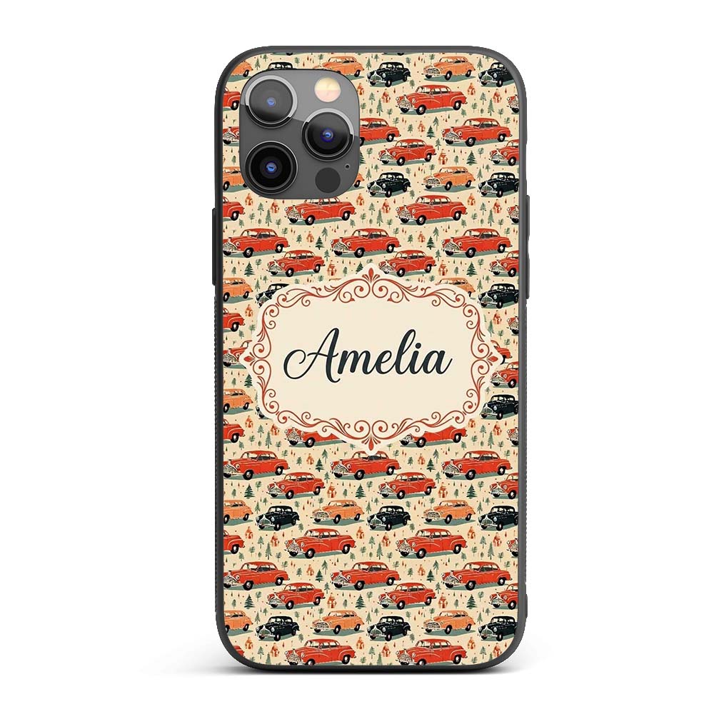 Festive Vintage Cars Holiday Pattern Seamless Custom Name Protective Phone Case Mobile Cover Durable Everyday Smartphone Shock Resistant
