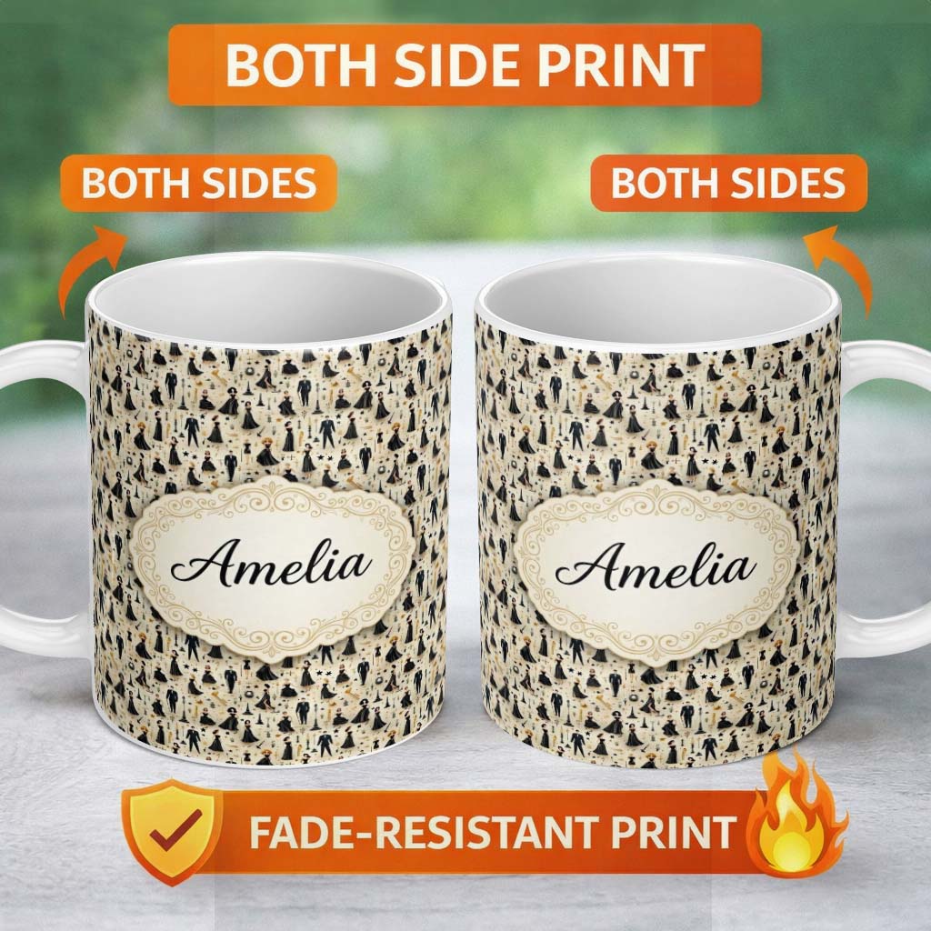 Personalized Custom Name Elegant Black Dress Fashion Figures Pattern Seamless Name Cute 11oz Ceramic Coffee Tea Mug White Large Handle
