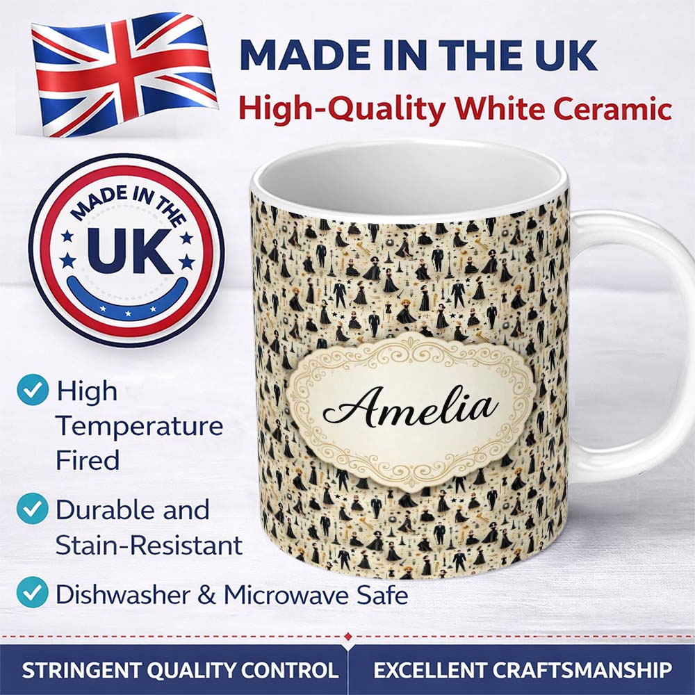 Personalized Custom Name Elegant Black Dress Fashion Figures Pattern Seamless Name Cute 11oz Ceramic Coffee Tea Mug White Large Handle