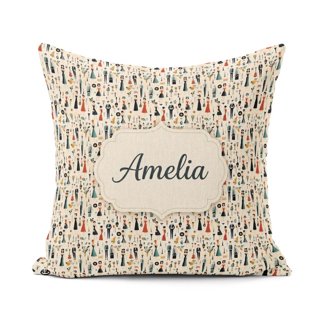 Custom Name Retro Party Music Fashion Pattern Seamless Name Cute Square Filled Cushion Throw Pillow Sofa Bed Home Decor Zip Washable UK Made