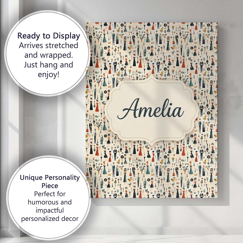 Personalised Name Retro Party People Music Custom Unique Gift Idea Elegant Feature Canvas Wall Art Print Decor Picture Ready to Hang
