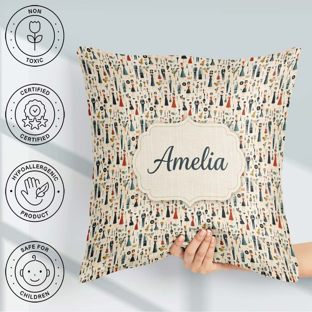 Custom Name Retro Party Music Fashion Pattern Seamless Name Cute Square Filled Cushion Throw Pillow Sofa Bed Home Decor Zip Washable UK Made