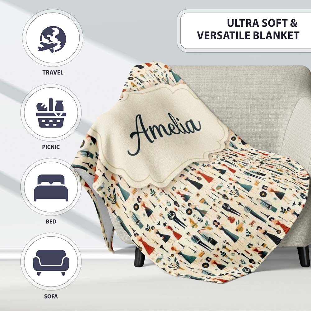 Retro Party People Music Fashion Pattern Seamless Name Cute Unique Personalised Custom Name Super Soft Fleece Blanket Bed Sofa Throw