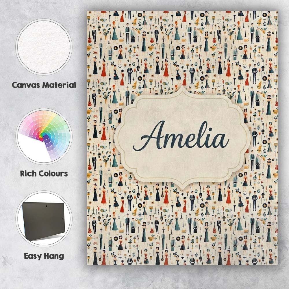 Personalised Name Retro Party People Music Custom Unique Gift Idea Elegant Feature Canvas Wall Art Print Decor Picture Ready to Hang