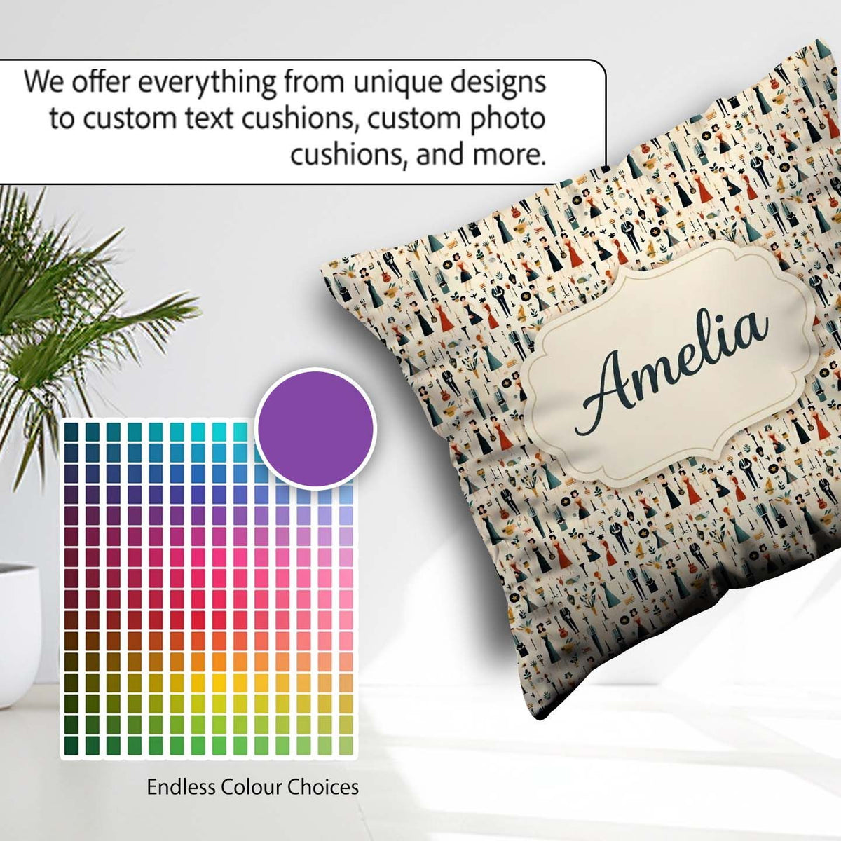 Custom Name Retro Party Music Fashion Pattern Seamless Name Cute Square Filled Cushion Throw Pillow Sofa Bed Home Decor Zip Washable UK Made